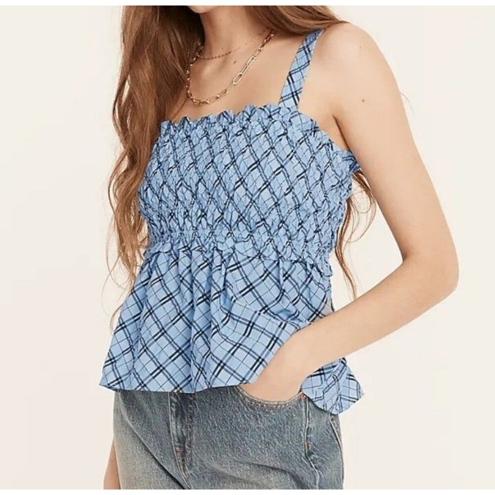 J Crew Women's Smocked Tank Top Blue Plaid Size M